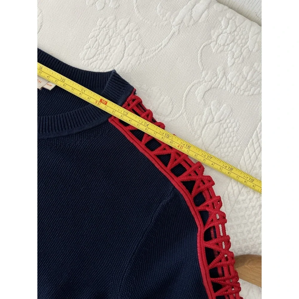 Tory Burch Knit Cotton Navy Blue Red Geo Cut Out Knit Yacht Top Blouse Coastal M